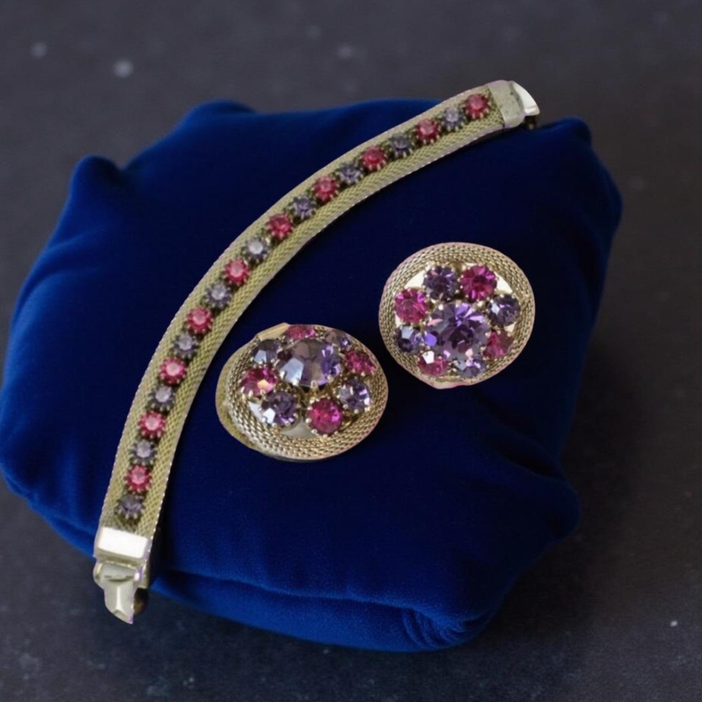 Weiss Mesh Purple Pink Rhinestone Bracelet  & Earrings, 1950s Vintage Jewelry